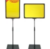 Pedestal Porta Cartaz A4.30/25pta moldura vermelha com base em PS e tubo telescópico ajustável para comunicação em pontos de venda.