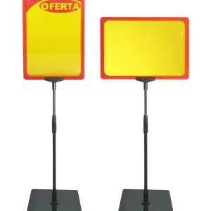 Pedestal Porta-Cartaz A4.30/30.vrm com moldura vermelha e estrutura em alumínio.