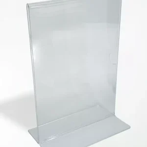 Display de Mesa em Acrílico A5.B.T transparente com base em formato T invertido, ideal para cardápios e sinalizações profissionais.