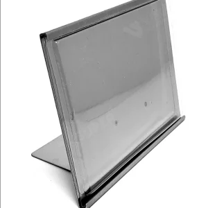 Display Mesa Inox 10x7cm.277.12un com corpo em aço inox e proteção plástica para etiqueta de preço, ideal para vitrines e balcões comerciais.