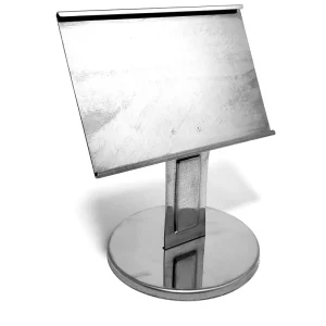 Display de Mesa em Inox 8x5x5cm – 274 para exposição de preços e informações em vitrines e balcões.