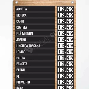 Painel Precificador ACM.47.5x80cm N.Imã com numeração imantada e itens removíveis para exposição de preços em varejo.