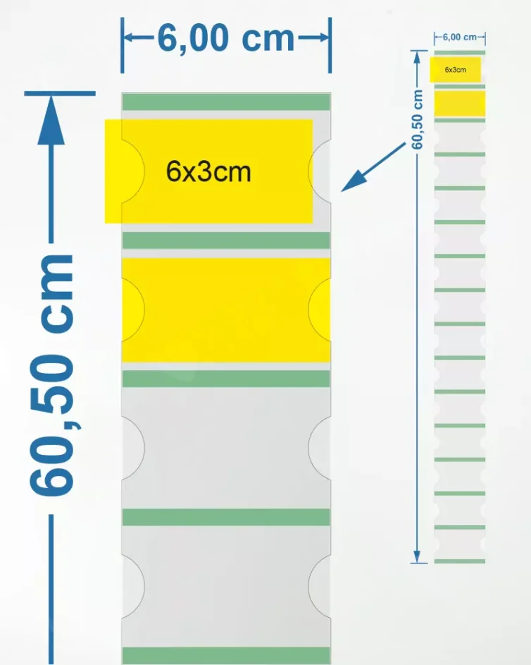 Porta-etiqueta em Petg 1,5mm SI – 6×60,5cm p/ 15 Etiquetas 6x3cm c/ Fita. DF