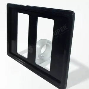 Precificador Mesa Base Caracol Preto 15x11cm para cartaz 14x10cm. Moldura preta elegante com base em caracol transparente para estabilidade.