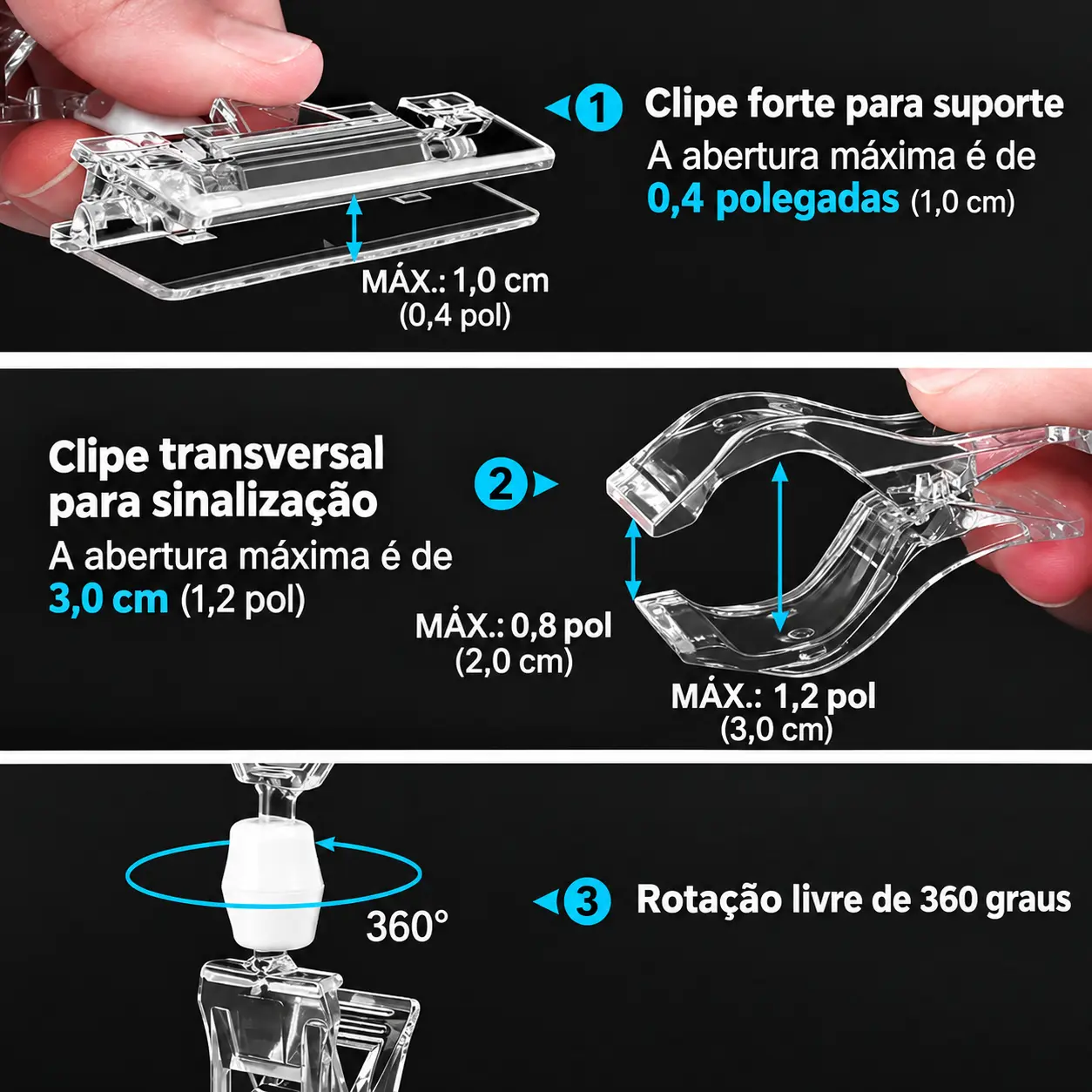 Clip Plástico Transparente 15x8cm c/ Corpo Giratório