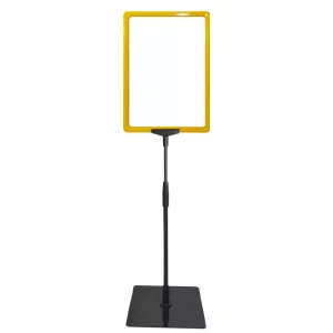 Pedestal Porta Cartaz A4.30/25aml moldura amarela com base em PS e tubo telescópico ajustável para comunicação em pontos de venda.