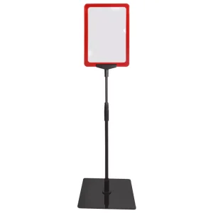 Pedestal Porta Cartaz A5.30/25vrm moldura vermelha com base em PS e tubo telescópico ajustável para comunicação em pontos de venda.