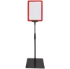 Pedestal Porta Cartaz A5.30/25vrm moldura vermelha com base em PS e tubo telescópico ajustável para comunicação em pontos de venda.