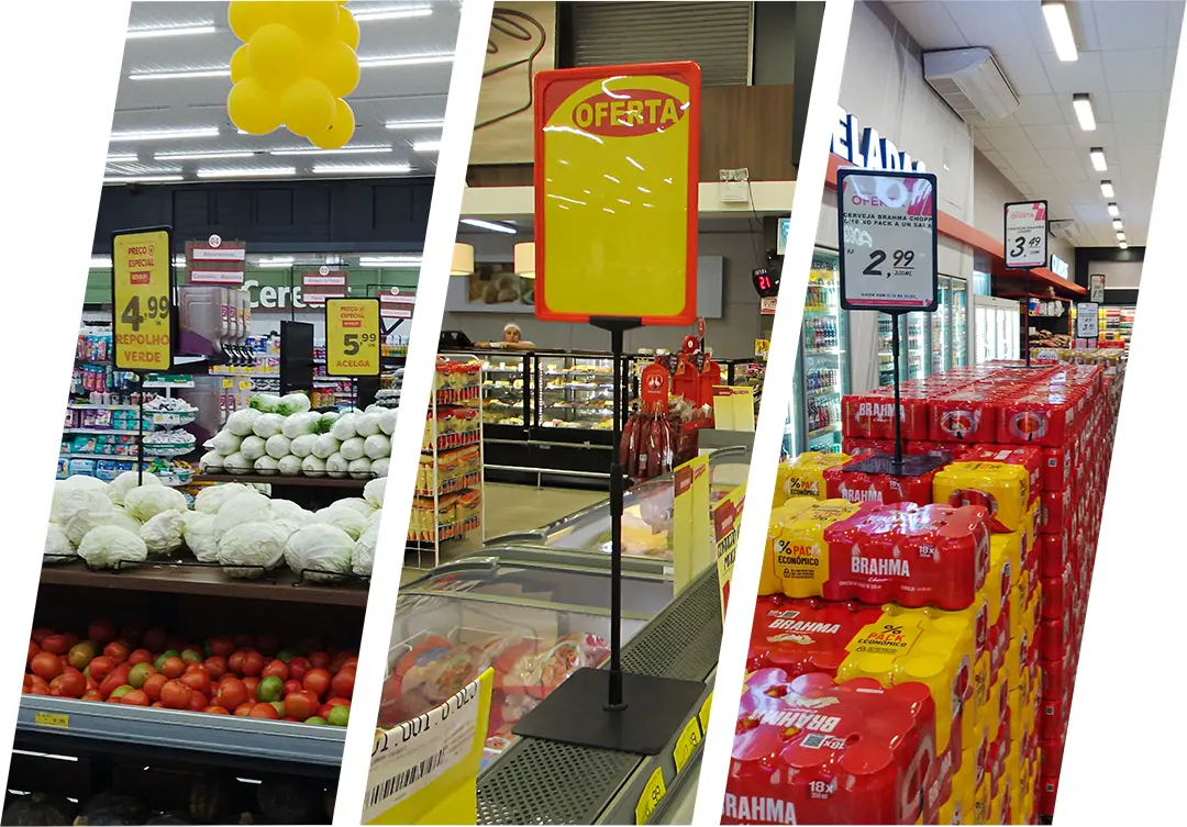 Montagem com três imagens de pedestais porta-cartaz em diferentes seções de supermercado, sinalizando promoções e melhorando a comunicação no PDV.
