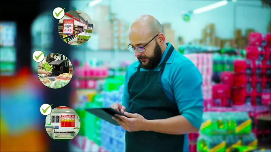 Gestor de supermercado usando tablet enquanto verifica checklist de precificação PDV com destaques em etiquetas, hortifrúti e cartazes promocionais.