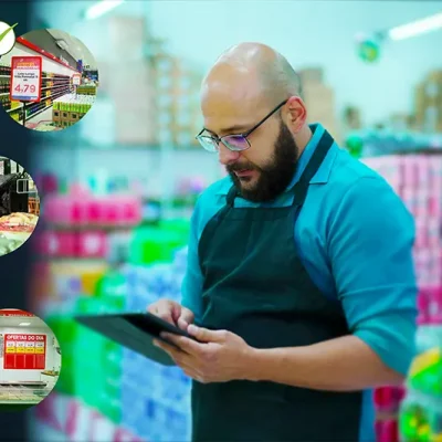 Gestor de supermercado usando tablet enquanto verifica checklist de precificação PDV com destaques em etiquetas, hortifrúti e cartazes promocionais.