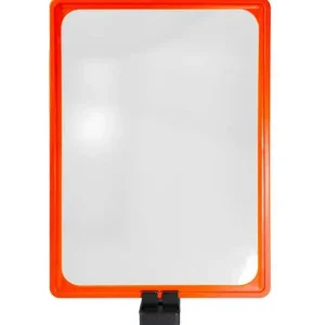 Display Base Magnética A4 com moldura vermelha exibindo cartaz em gôndola