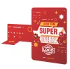Stopper Lateral em PS 1mm A5 com base em “L”, impressão frente e verso personalizada e fixação por fita dupla face para promoções em gôndolas.