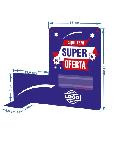 Stopper Lateral em PS 1mm IP F/V – A5 com Porta-etiqueta 10×3,5cm e Base para Fixar – Fita DF