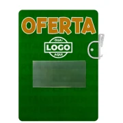 Placa de Identificação em PS 1mm com impressão frente e verso, visor em “V” para etiquetas e design de “OFERTA” para promoções.