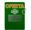 Placa de Identificação em PS 1mm com impressão frente e verso, visor em “V” para etiquetas e design de “OFERTA” para promoções.
