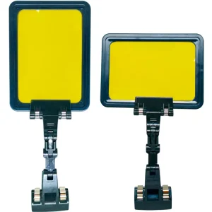 Expositor de Cartaz A6 Robozinho com moldura plástica, proteção transparente e braço articulado para fixação em gôndolas e prateleiras