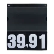 Placa de Preços em PS 2mm 30x35cm preta com numeração removível e bolsa transparente para cartazes.