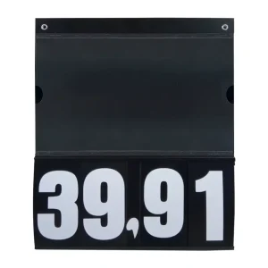 Placa de Preços em PS 2mm 30x35cm preta com numeração removível e bolsa transparente para cartazes.