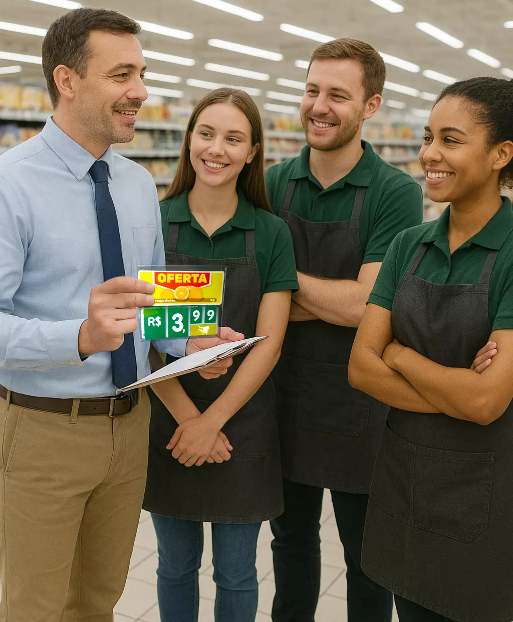 Gestor em supermercado mostrando etiqueta de oferta para equipe de colaboradores, simbolizando a importância da precificação clara no varejo e o cumprimento das normas de defesa do consumidor.