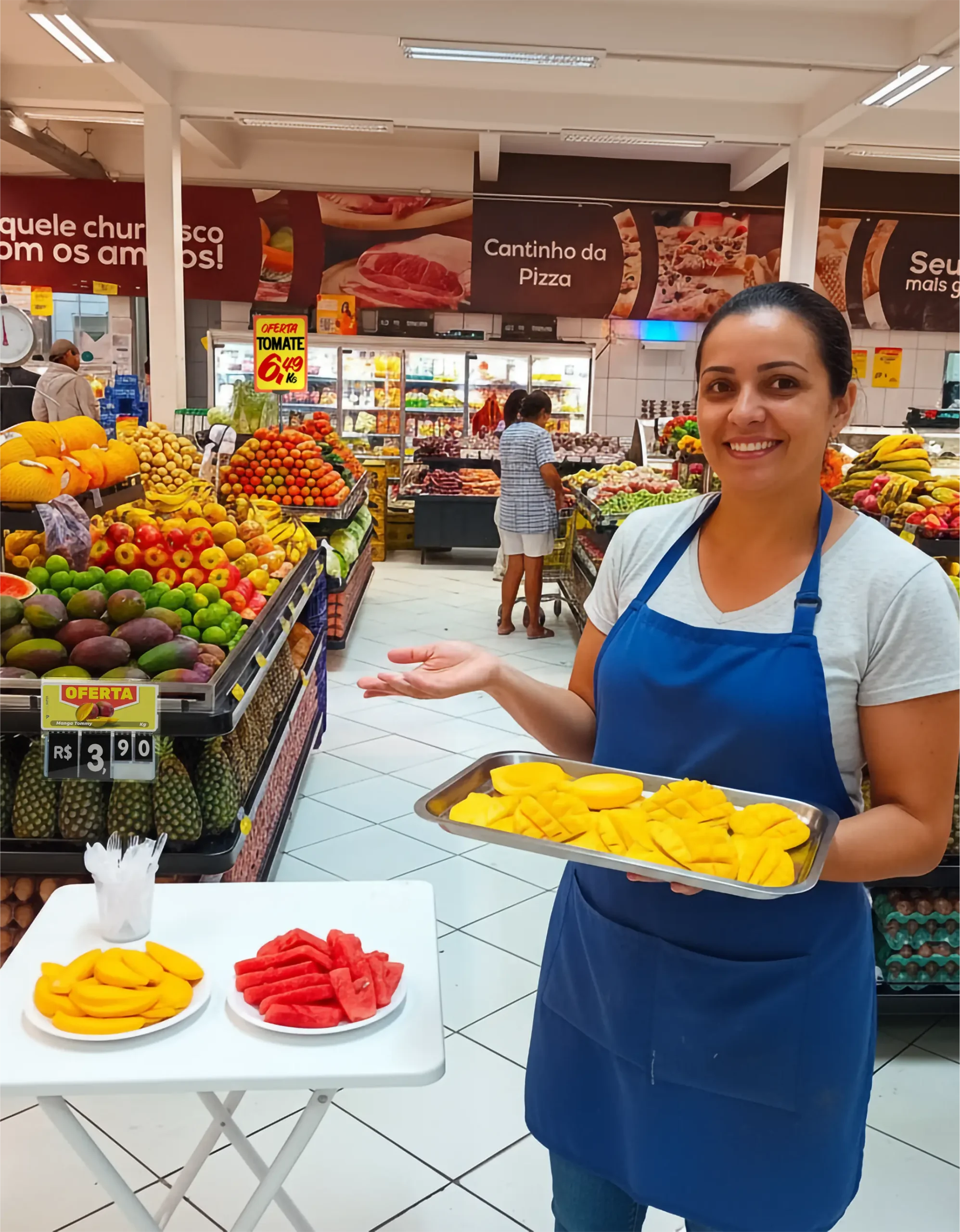 Promotora em supermercado segurando bandeja com mangas fatiadas, ao lado de mesa com degustação de frutas, em campanha de primavera no varejo para tornar a loja mais atrativa.