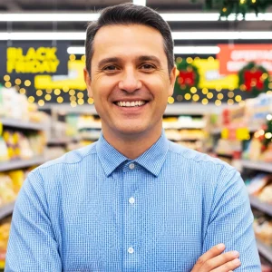 Gestor de loja preparado para a Black Friday e o Natal em supermercado com promoções e decoração festiva