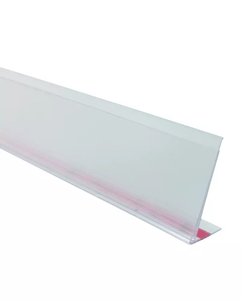 Perfil Gôndola V300R Fita.DF Porta Preço solução prática e resistente para exibir preços e etiquetas no varejo. Instalação rápida, alta aderência.