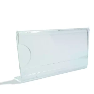 Display Acrílico 8x4cm Base.L Expositor de Mesa com base em L e recorte C para troca rápida. Ideal para preços e identificação no PDV.