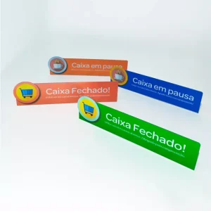 Placa Caixa Pausa Fechado em PS 1mm, verde, com base dobrada e ícone de carrinho de compras.