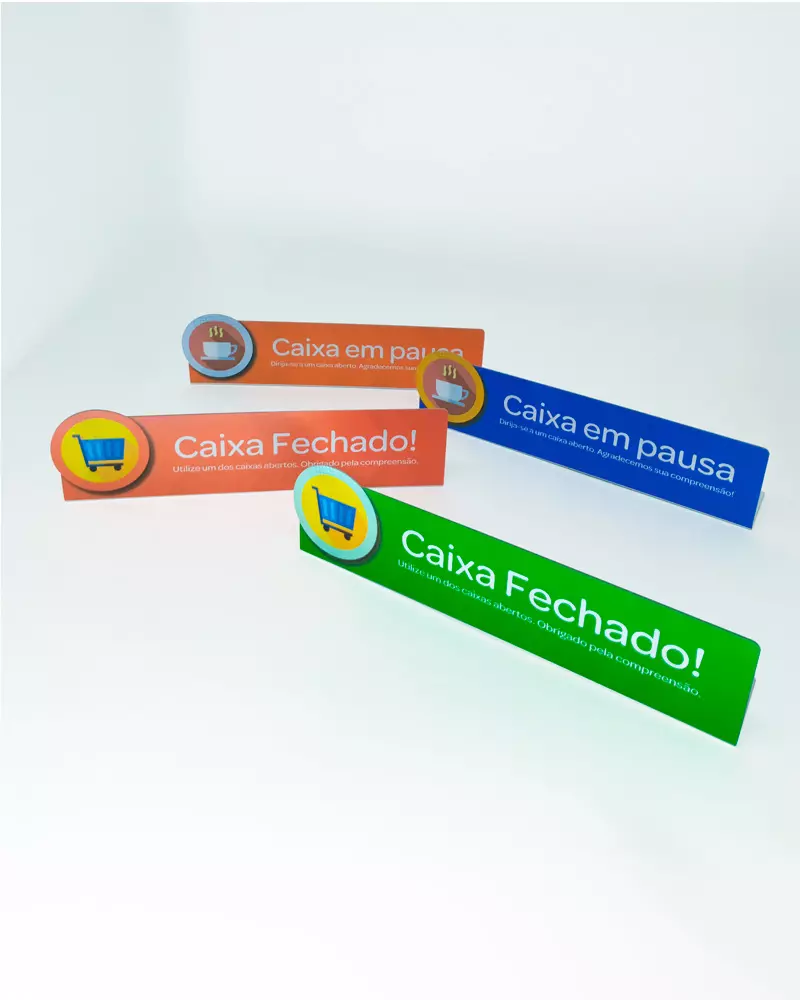 Placa Caixa Pausa Fechado em PS 1mm, verde, com base dobrada e ícone de carrinho de compras.