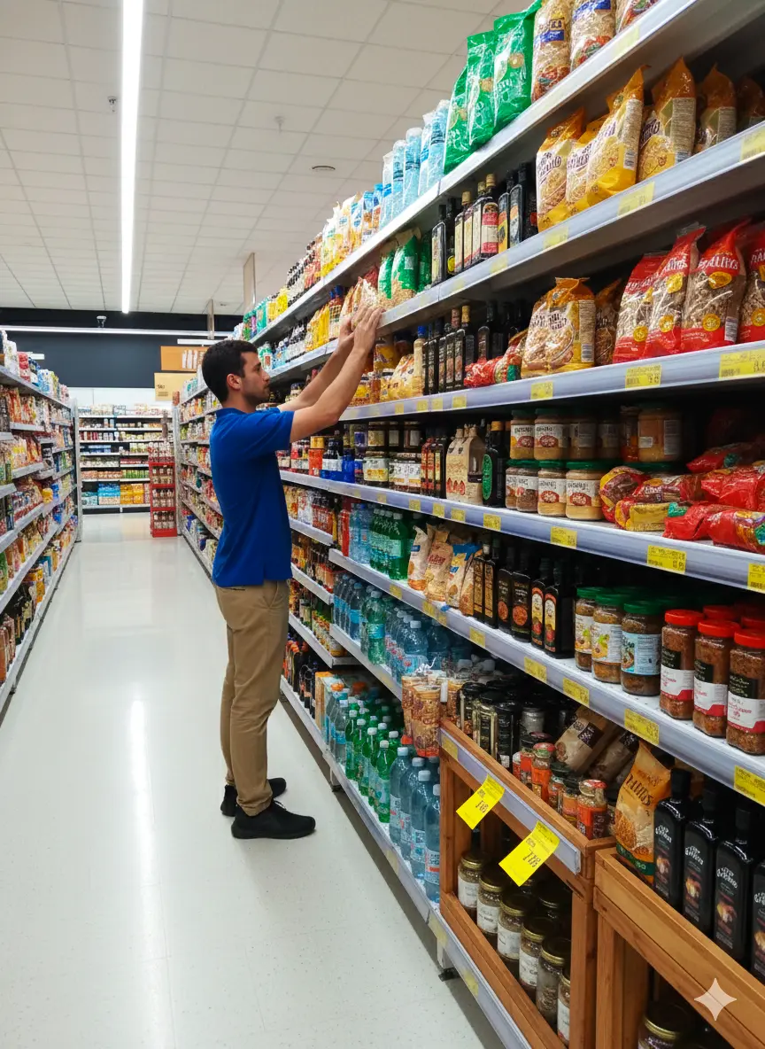 Comece o ano vendendo mais com reorganização de gôndolas no supermercado Funcionário reorganizando gôndolas no supermercado para vender mais no início do ano