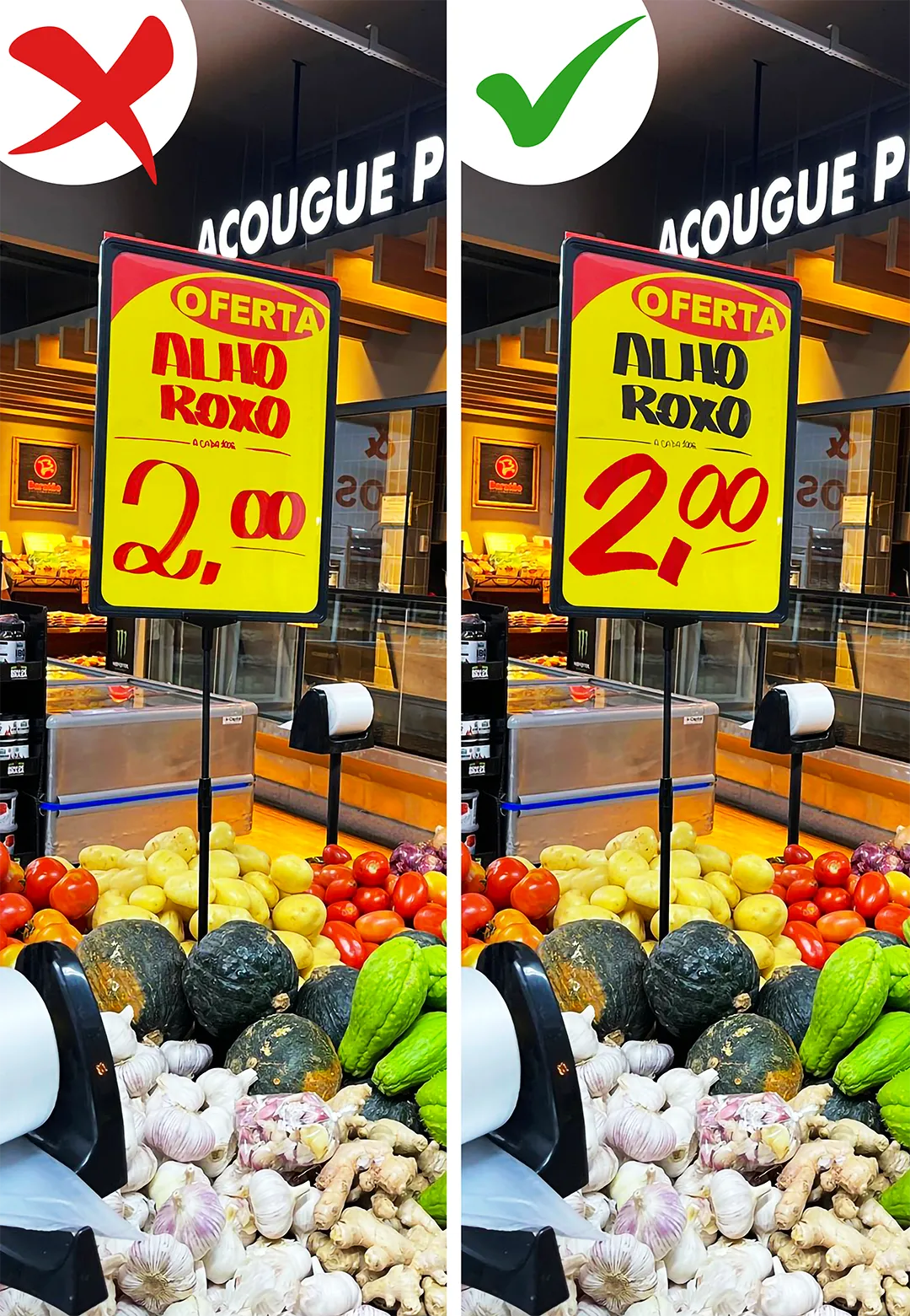 Comparação de dois cartazes de oferta em supermercado mostrando a diferença entre um preço mal destacado e outro com tipografia legível e contraste adequado para queima de estoque.