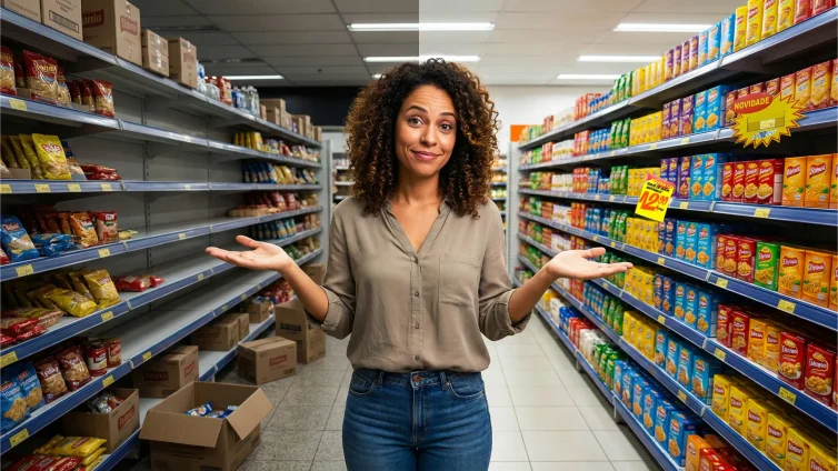 Mulher em corredor de supermercado com prateleiras organizadas e ofertas destacadas, demonstrando como a organização visual acelera a decisão de compra.