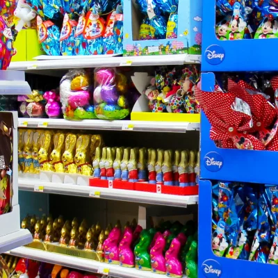 Gôndola de supermercado com produtos de Páscoa variados como ovos e coelhos de chocolate organizados para impulsionar vendas sem depender apenas de chocolate.