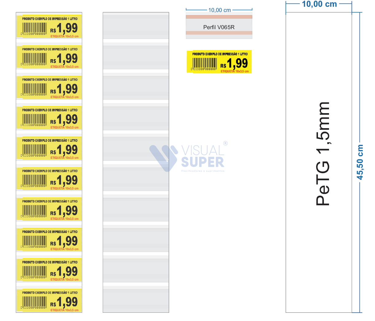 Porta-etiqueta em Petg 1,5mm SI – 10×45,5cm c/ Perfil V065R p/ 10 Etiquetas 10×3,5cm c/ Fita. DF
