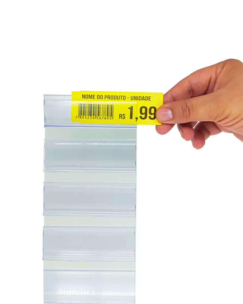 Porta-etiqueta em Petg 1,5mm SI – 10×45,5cm c/ Perfil V065R p/ 10 Etiquetas 10×3,5cm c/ Fita. DF