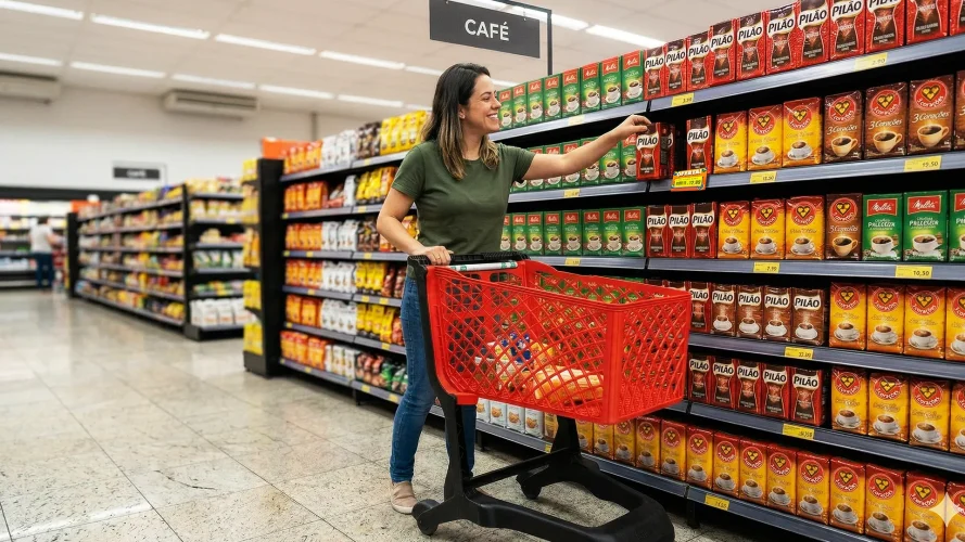 cliente escolhendo café no supermercado com exposição estratégica de produtos para aumentar o lucro no varejo no outono