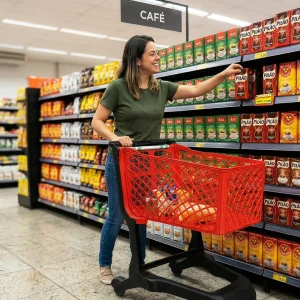 cliente escolhendo café no supermercado com exposição estratégica de produtos para aumentar o lucro no varejo no outono