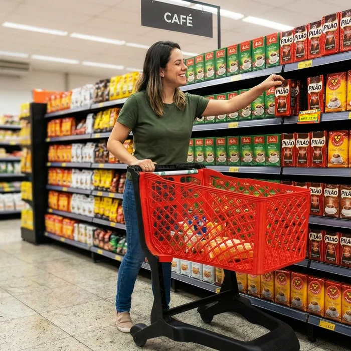 cliente escolhendo café no supermercado com exposição estratégica de produtos para aumentar o lucro no varejo no outono