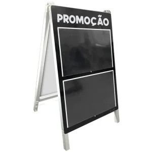 Cavalete pvc porta cartaz A3 frente e verso. Estrutura resistente, leve e dobrável com troca rápida de ofertas. Ideal para supermercados, lojas e PDV.
