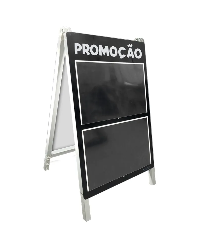Cavalete pvc porta cartaz A3 frente e verso. Estrutura resistente, leve e dobrável com troca rápida de ofertas. Ideal para supermercados, lojas e PDV.
