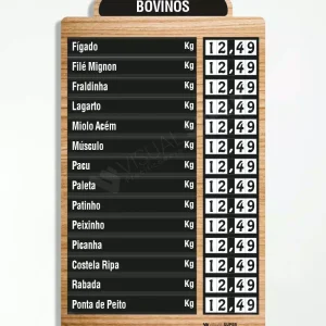 Painel Precificador N.Imã FitaDF com numeração imantada e 14 itens removíveis. Ideal para supermercados e hortifrutis. Resistência, praticidade.