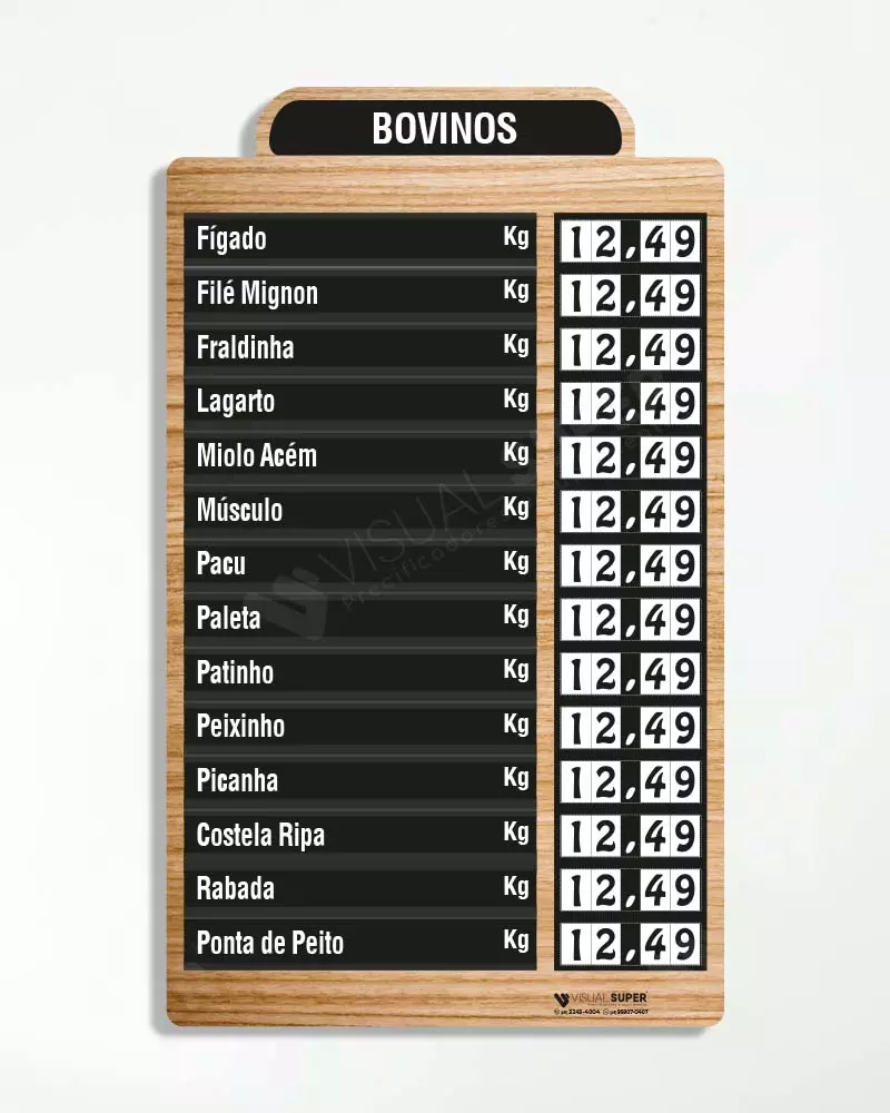 Painel Precificador N.Imã FitaDF com numeração imantada e 14 itens removíveis. Ideal para supermercados e hortifrutis. Resistência, praticidade.