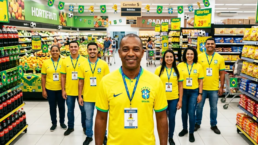Equipe de supermercado vestindo camisas amarelas da Seleção Brasileira em loja decorada para a Copa do Mundo 2026, com bandeiras do Brasil, comunicação visual temática e ofertas promocionais espalhadas pelos corredores.