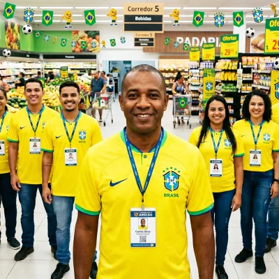 Equipe de supermercado vestindo camisas amarelas da Seleção Brasileira em loja decorada para a Copa do Mundo 2026, com bandeiras do Brasil, comunicação visual temática e ofertas promocionais espalhadas pelos corredores.