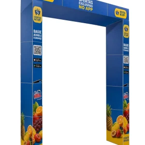 Portal Promocional Polionda 265x300cm. Estrutura modular personalizada para supermercados, atacarejos, feiras, eventos e campanhas promocionais.
