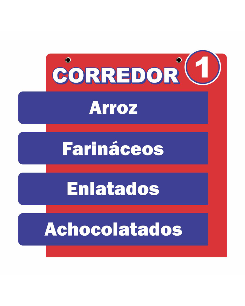 Placa Identificação Corredor 45x45cm PS 2mm com impressão F/V. Ideal para identificação de corredores, setores e categorias em supermercados e atacarejos.
