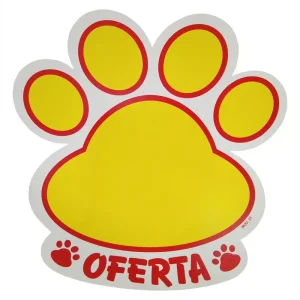 Cartaz de Ofertas Pet Modelo 21 em formato de patinha para identificação de promoções em pet shops e supermercados.