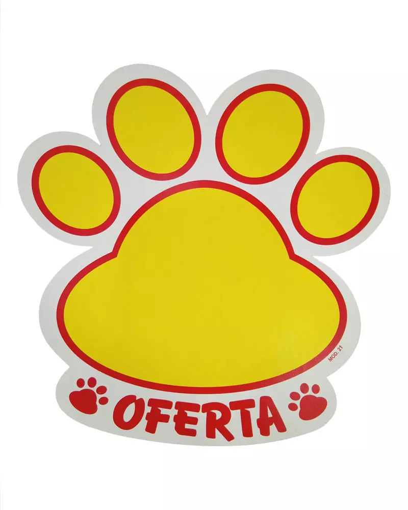Cartaz de Ofertas Pet Modelo 21 em formato de patinha para identificação de promoções em pet shops e supermercados.