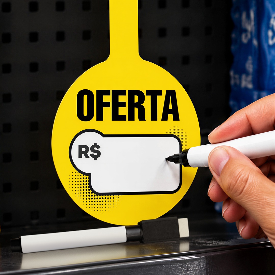 Wobbler Escreve Apaga em PVC 10x23,5cm com 1 Caneta, reutilizável e escreve e apaga. Ideal para destacar preços e ofertas no PDV.